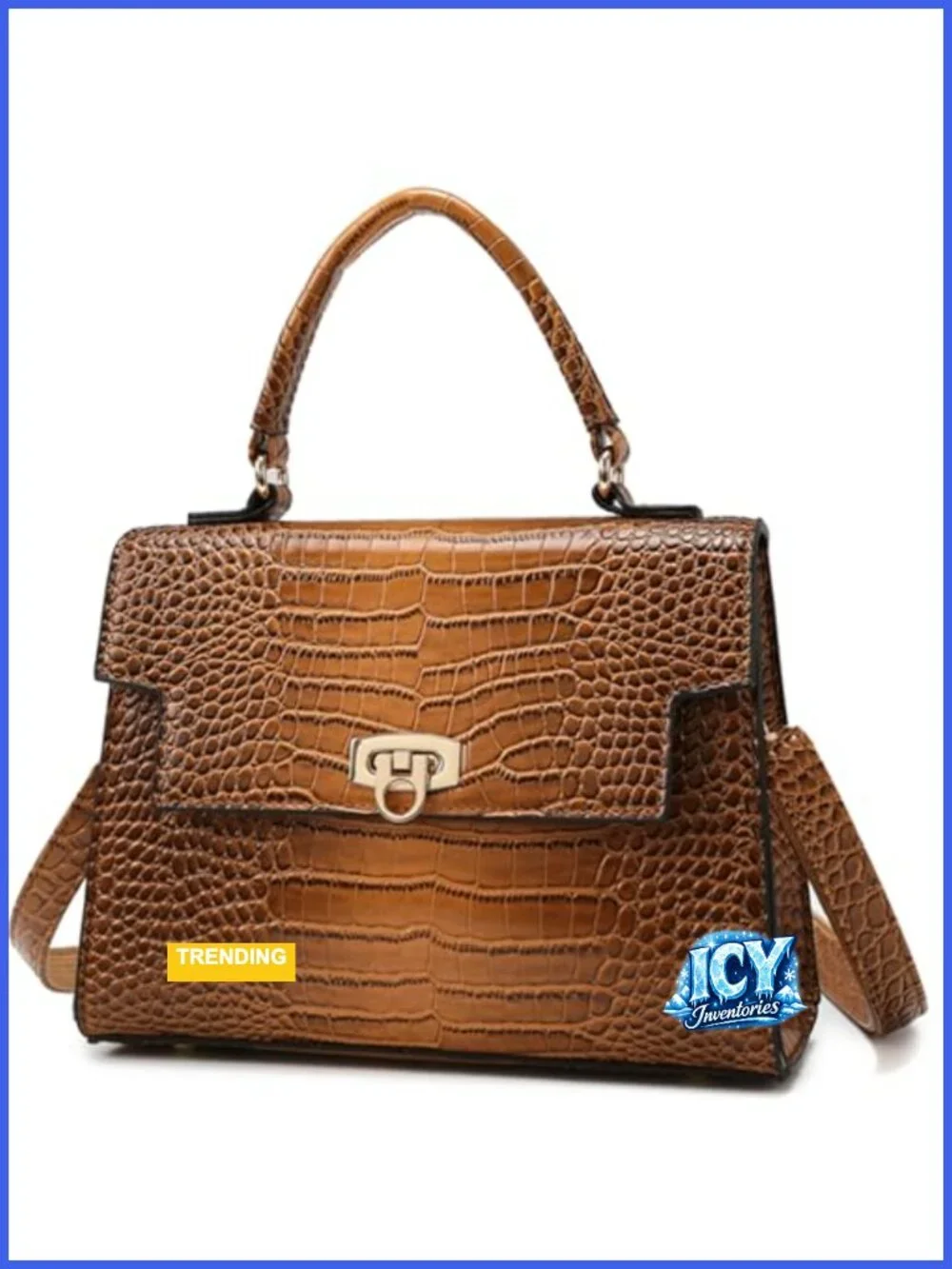 Structured Vegan Leather Satchel Handbag with Croc Pattern, Crossbody Bag for